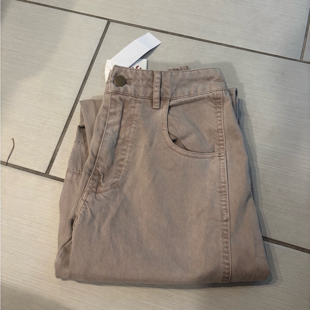 Wide leg tan size XS jeans with stretchy elastic waist band
